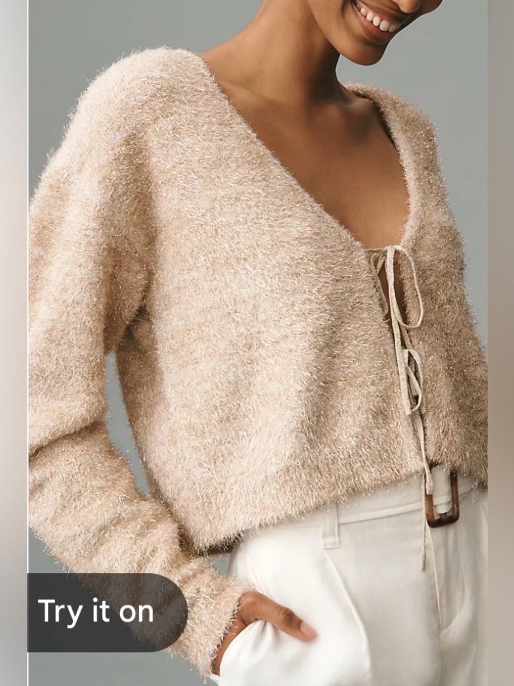 Flat White Anthropologie Cream Gold Tinsel Cozy V-Neck Tie-Front Sweater